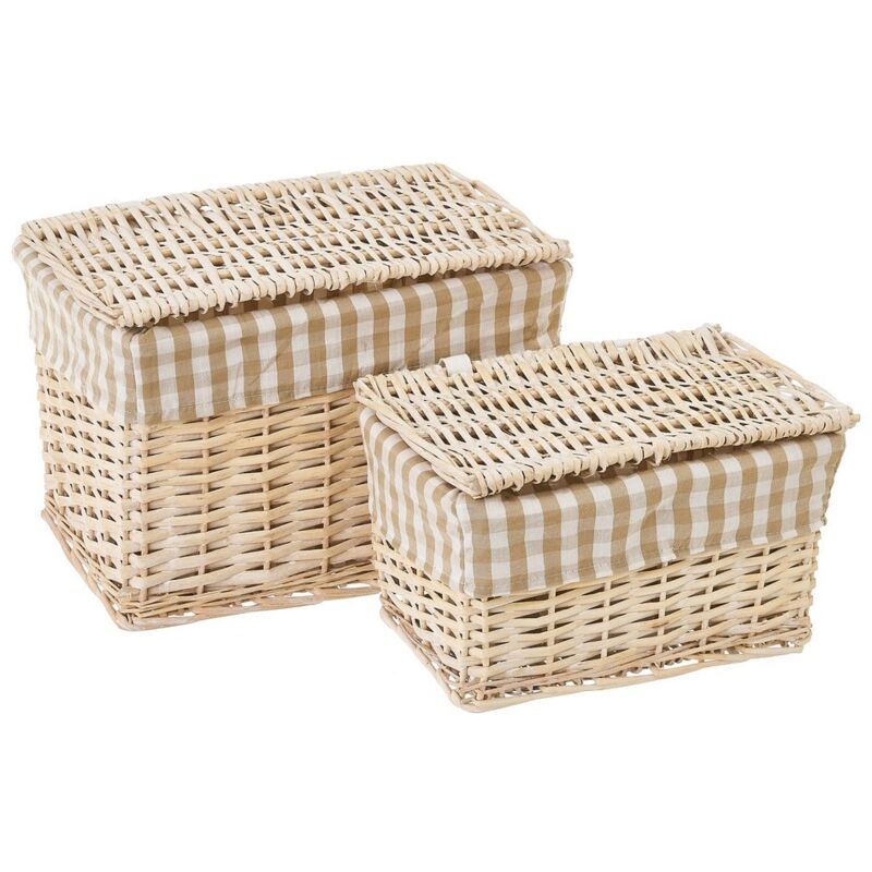 

Set de 2 cestas de mimbre y tela marrón y beige de cuadros vichy