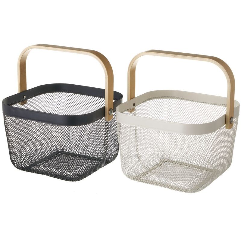 

Set de 2 cestas organizadoras de metal y madera en blanco ynegro con asa de 26x26x17 cm