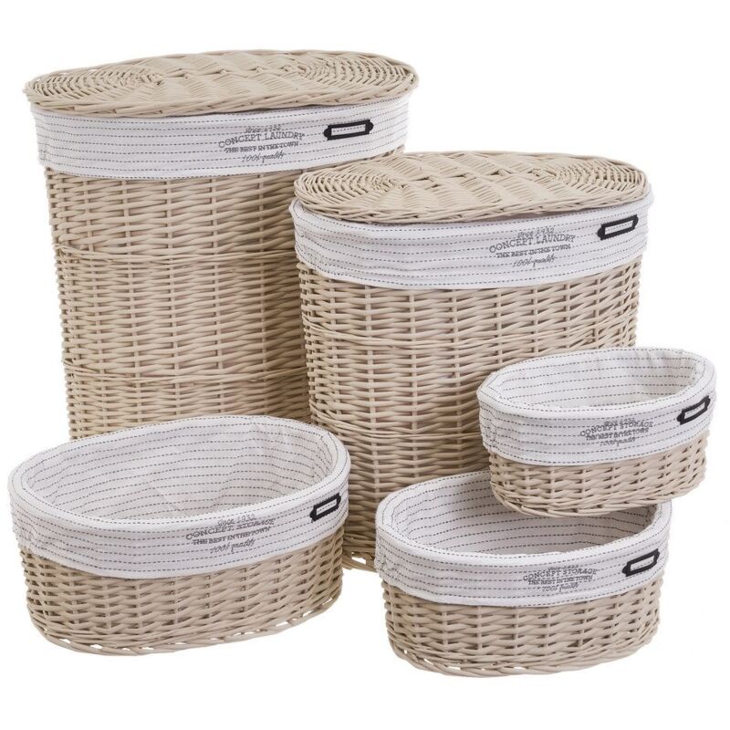 

Set de 2 cestos y 3 cestas de mimbre y tela beige trenzado