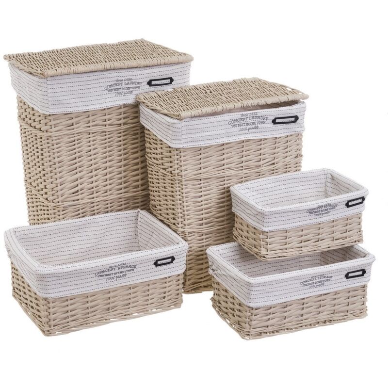 

Set de 2 cestos y 3 cestas de mimbre y tela beige trenzado