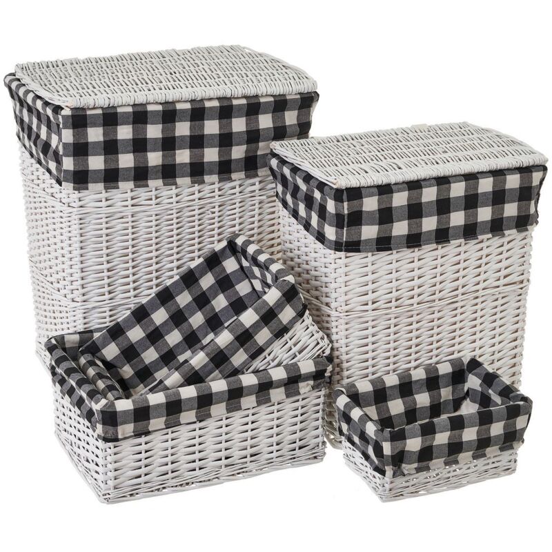 

Set de 2 cestos y 3 cestas de mimbre y tela blanco y negro de cuadros vichy