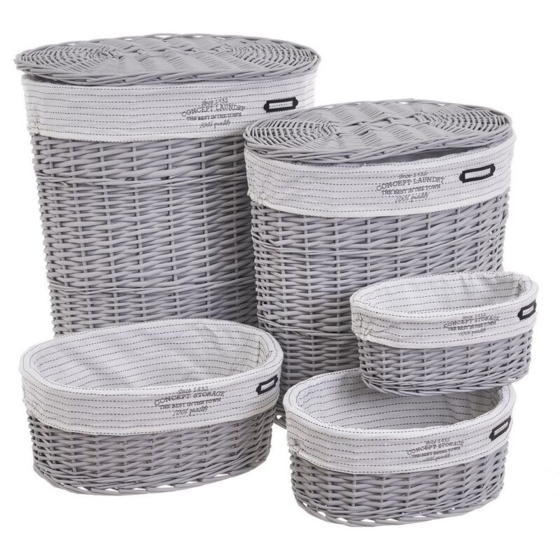 

Set de 2 cestos y 3 cestas de mimbre y tela gris trenzado