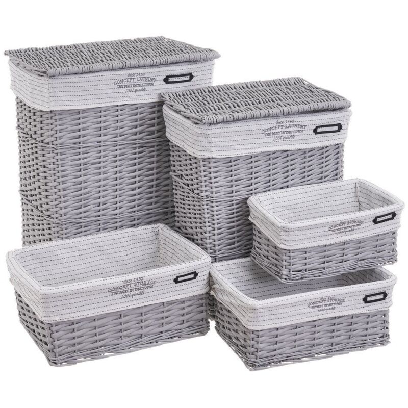 

Set de 2 cestos y 3 cestas de mimbre y tela grises trenzado