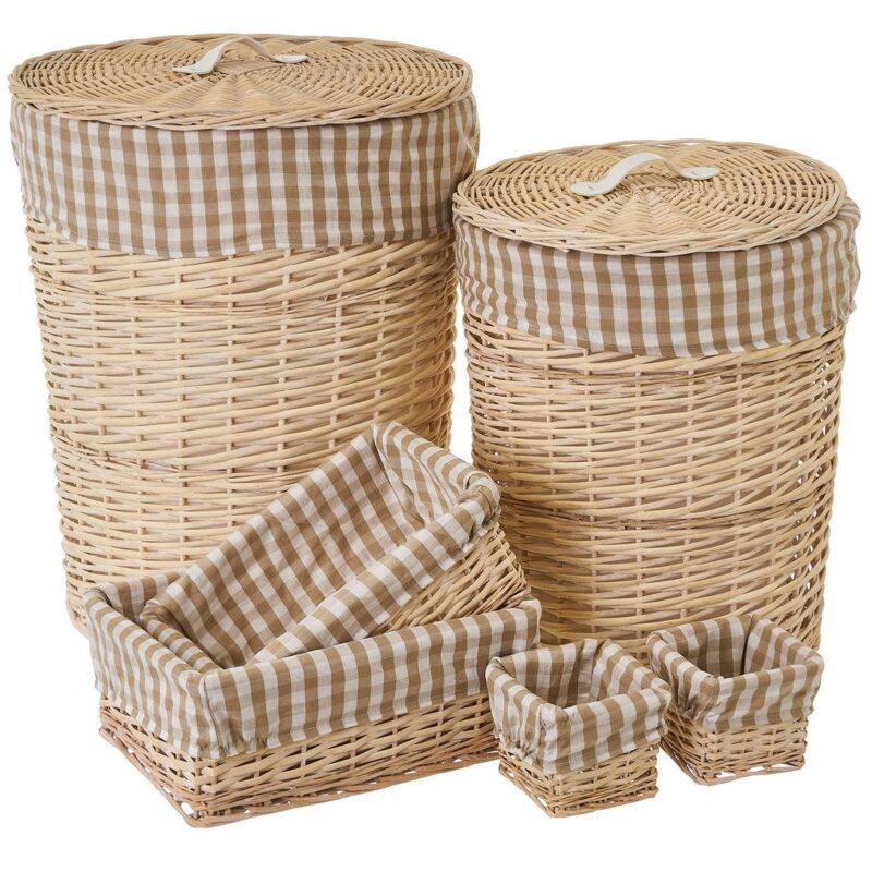 

Set de 2 cestos y 3 cestas de mimbre y tela marrón y beige de cuadros vichy
