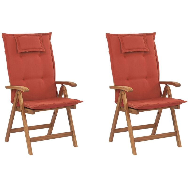 Chaises de Jardin Pliables en Bois d'Acacia avec Coussins Rouge Terracotta pour 2 Personnes Rustiques et Durables pour Terrasse Beliani