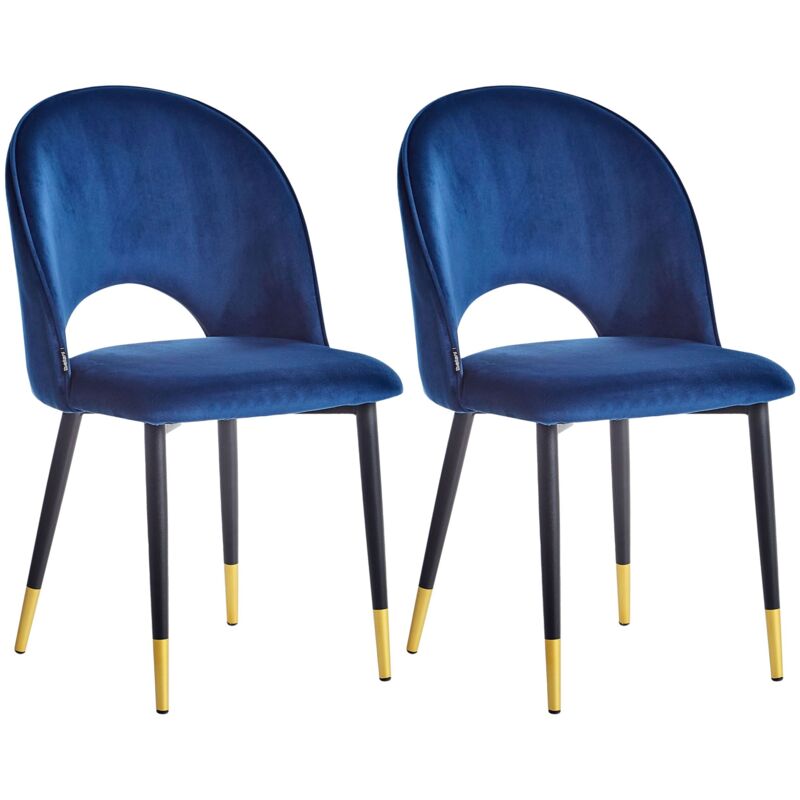 Lot de 2 Chaises à Manger en Velours Glamour Bleu avec Pieds Noirs Dorés Magalia