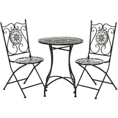 Set de 2 chaises pliantes et table en mosaïque pour jardin, terrasse ou balcon, meubles métal avec carrelage céramique multicolore