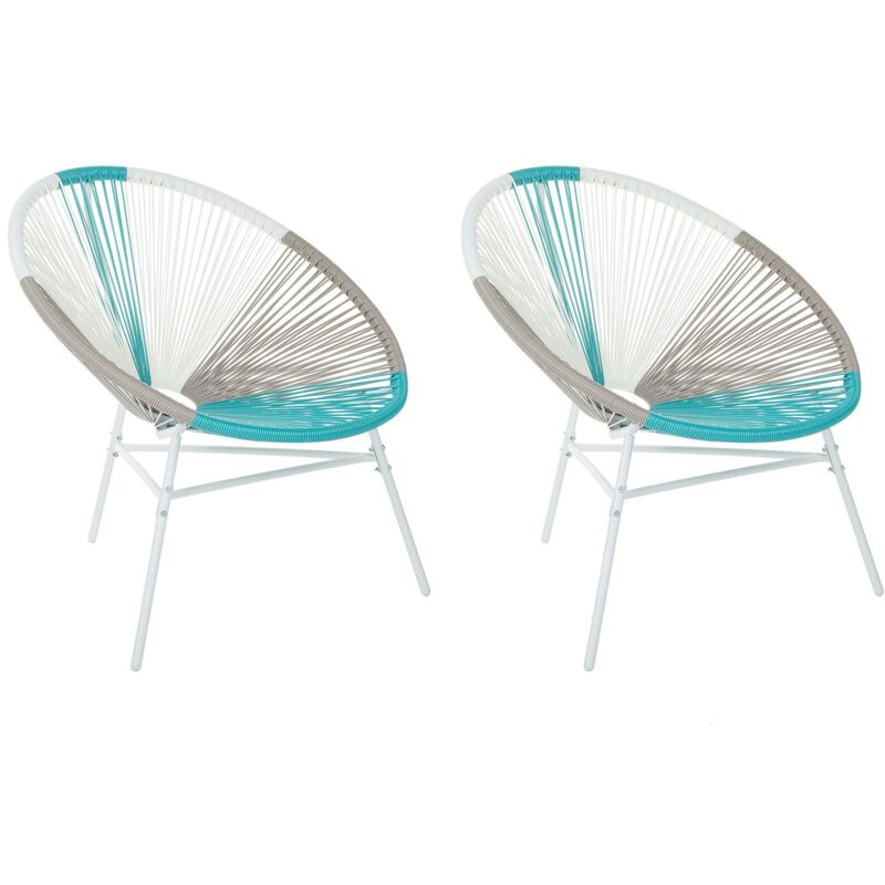 Beliani - Set 2 Chaises Fauteuils Spaghetti en Rotin Bleu Blanc et Acier Design Tendance pour Chambre Salon Terrasse ou Jardin Moderne et Industriel