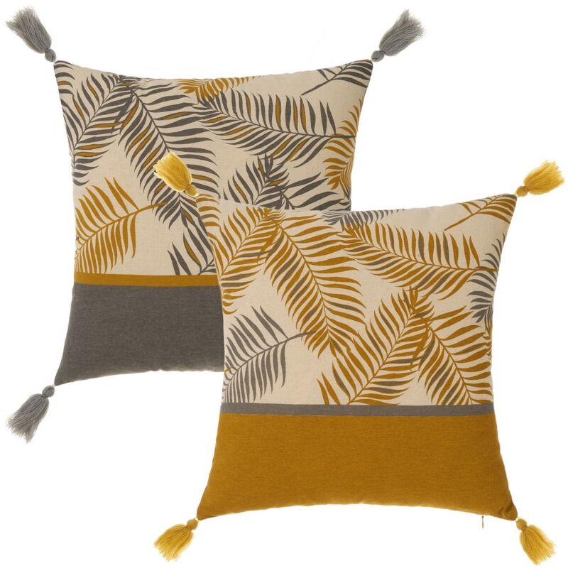 

Lolahome - Set de 2 cojines de hojas borlas gris y mostaza de algodón natural de 45x45 cm