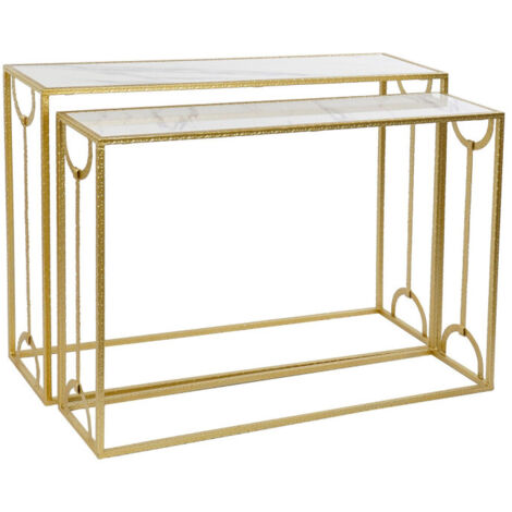 Set de 2 Consoles métal doré et plateaux marbre - 110x32.5x83.5cm