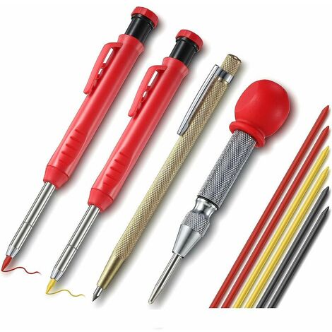 Set de 2 Crayons de Menuisier pour Construction avec 6 Recharges de Marqueurs, Outil à Tracer en Carbure et Outil de Marquage au Centre Automatique pour Marqueur Architecte Menuiserie