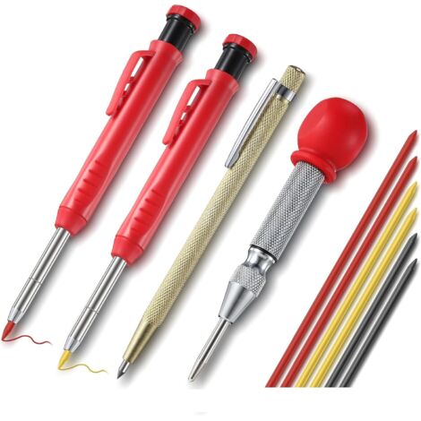 Set de 2 Crayons de Menuisier pour Construction avec 6 Recharges de Marqueurs, Outil à Tracer en Carbure et Outil de Marquage au Centre Automatique pour Marqueur Architecte Menuiserie