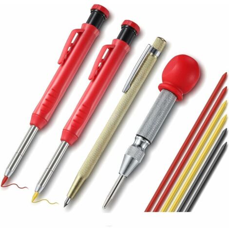 Set de 2 Crayons de Menuisier pour Construction avec 6 Recharges de Marqueurs, Outil à Tracer en Carbure et Outil de Marquage au Centre Automatique pour Marqueur Architecte Menuiserie