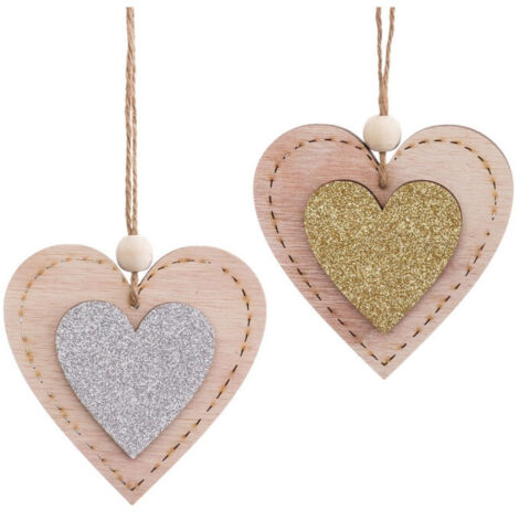 Set de 2 décorations de Noël en bois Coeurs - 10x10cm