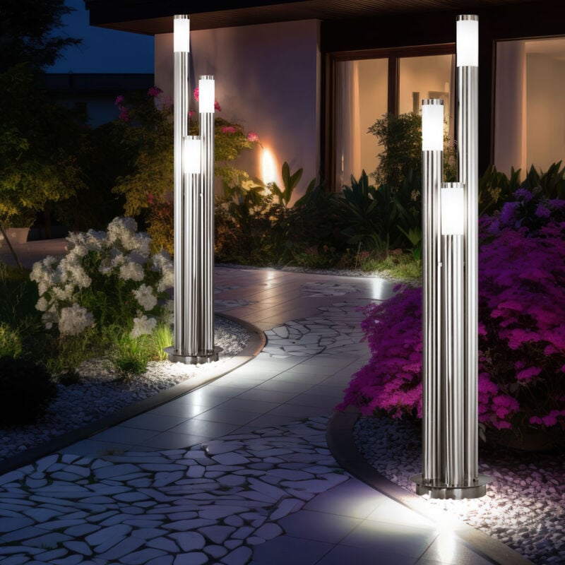Lampe de jardin 170 cm balisage extérieur lampadaire extérieur inox large, 3 colonnes argent, 3x E27, d 28 cm, lot de 2