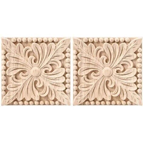 Set de 2 lámparas de pared de madera con diseño de decoración cuadrada tallada, sin pintura, motivo floral para puerta o armario, decoración de muebles, 10 x 10 cm