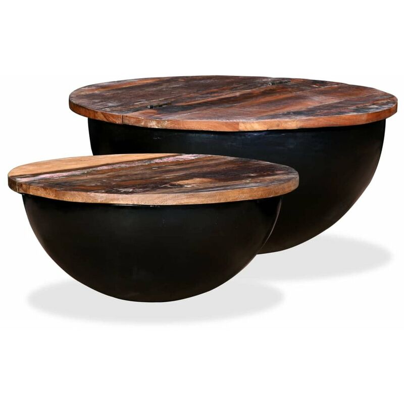 

Set de 2 mesas de centro madera reciclada negra forma de bol
