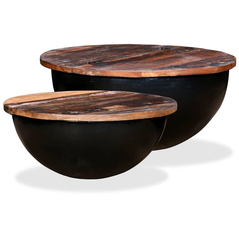

Set de 2 mesas de centro madera reciclada negra forma de bol