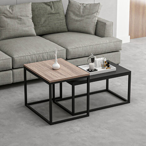 Set de 2 Mesas de Centro Nido Aabenraa metal/aglomerado roble / negro mate [en.casa]