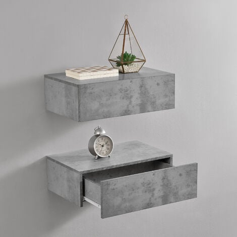 Set de 2 Mesitas de noche de pared Oslo con cajón - Efecto hormigón - 46x30x15cm [en.casa]