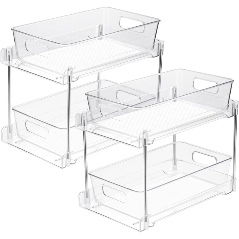 Set de 2 Organisateurs sous évier, 2 couches d'étagères de cuisine en acrylique transparent,Coulissant multifonction Rangement sous Evier pour