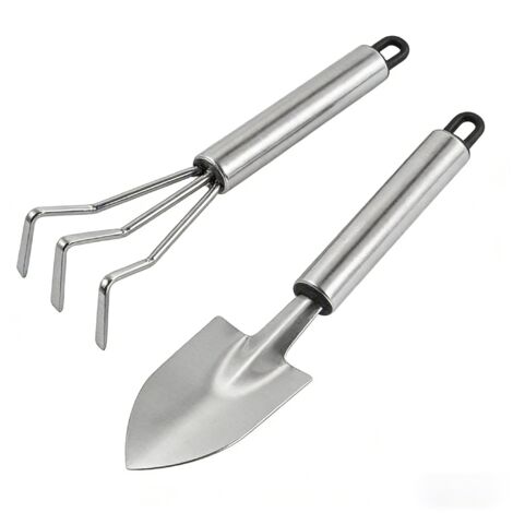 Set de 2 outils de jardin en acier inoxydable : pelle et râteau miniatures