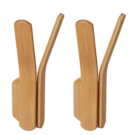 Set de 2 Perchas de Pared Bambú, para Atornillar, Ganchos Resistentes, para Armario o Pasillo, 15 x 6,5 x 6 cm, Natural