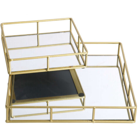 Set de 2 Plateaux en Métal Doré et Miroir Carrés - 30x30X5cm