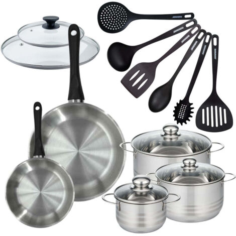 Set de 2 poêles 20 28 cm en inox, couvercles verres, 3 faitouts inox 16, 20 et 24 cm et 6 ustensiles Fénix Fackelmann Geneva
