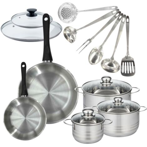 Set de 2 poêles 20, 28 cm inox, couvercles verre, 3 faitouts inox 16, 20 et 24 cm et 6 ustensiles Oxford inox Fackelmann Geneva