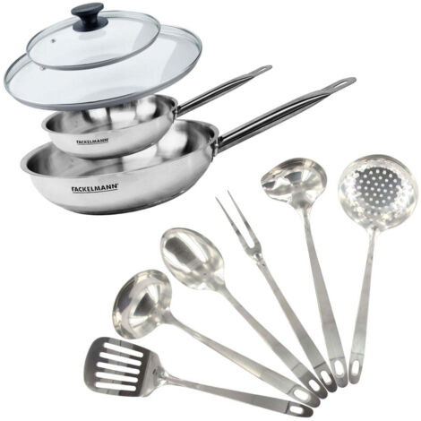 Set de 2 poêles 20 et 28 cm en inox, 2 couvercles verre et 6 ustensiles inox Fackelmann Eterna