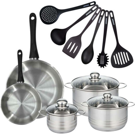 Set de 2 poêles 20 et 28 cm en inox, 3 faitouts inox 16, 20 et 24 cm et 6 ustensiles RPET Fackelmann Geneva