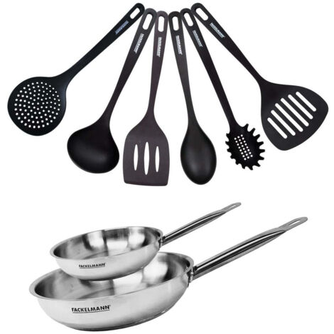 Set de 2 poêles 20 et 28 cm en inox et 6 ustensiles Fackelmann Eterna