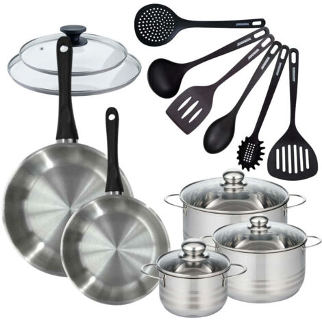 Set de 2 poêles 24 28 cm en inox, couvercles verres, 3 faitouts inox 16, 20 et 24 cm et 6 ustensiles Fénix Fackelmann Geneva