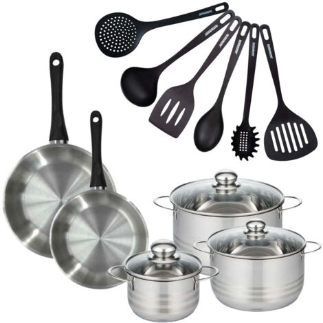 Set de 2 poêles 24 et 28 cm en inox, 3 faitouts inox 16, 20 et 24 cm et 6 ustensiles RPET Fackelmann Geneva