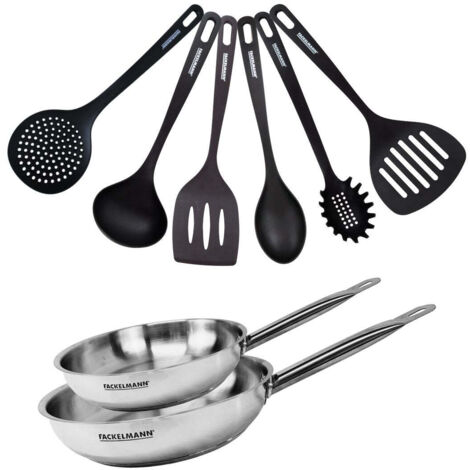 Set de 2 poêles 24 et 28 cm en inox et 6 ustensiles Fackelmann Eterna