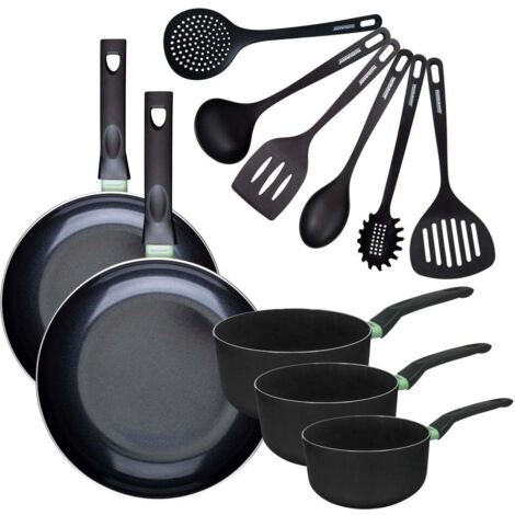 Set de 2 poêles 28 et 30 cm et 3 casseroles 16, 18 et 20 cm antiadhésives céramique et 6 ustensiles Fackelmann Brandao