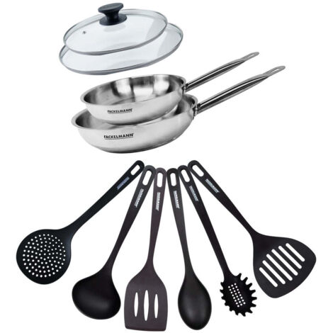 Set de 2 poêles de 20 et 24 cm en inox, 2 couvercles en verre et 6 ustensiles Fackelmann Eterna
