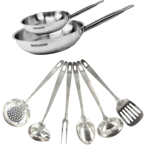 Set de 2 poêles de 20 et 28 cm en inox et 6 ustensiles inox Fackelmann Eterna