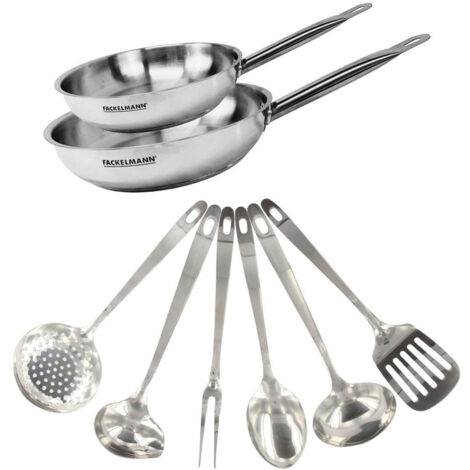 Set de 2 poêles de 24 et 28 cm en inox et 6 ustensiles inox Fackelmann Eterna