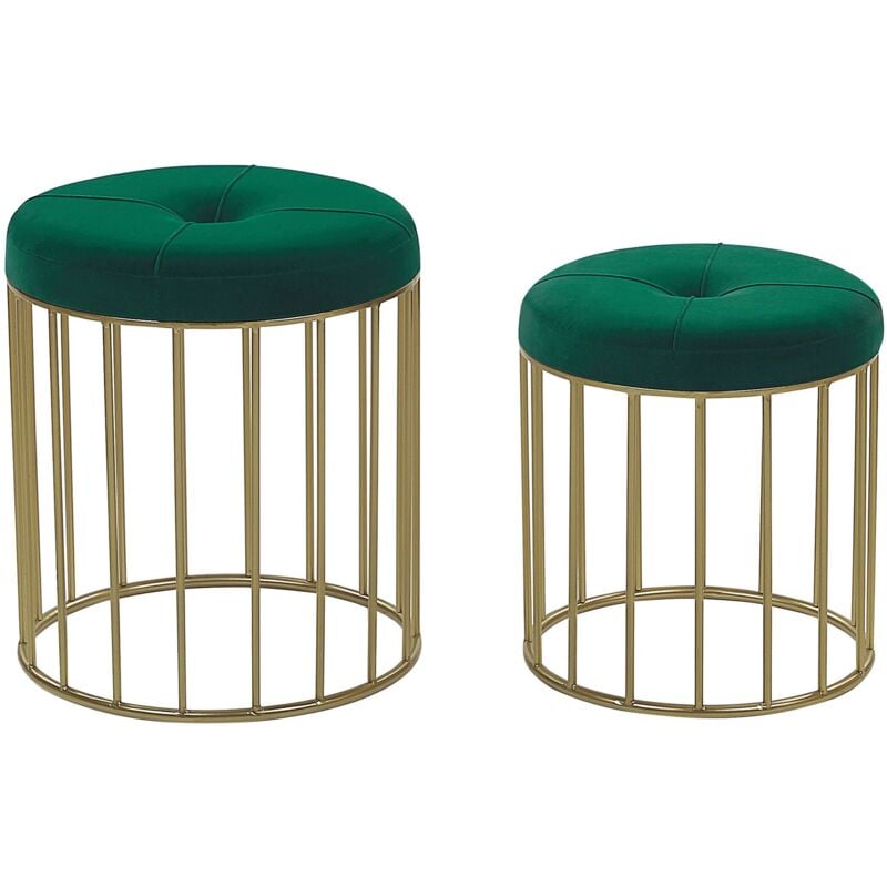 Lot 2 Poufs Gigognes Empilables en Velours Vert Foncé et Structure en Acier Doré Idéals pour Chambre ou Salon au Design Glamour et Moderne Beliani