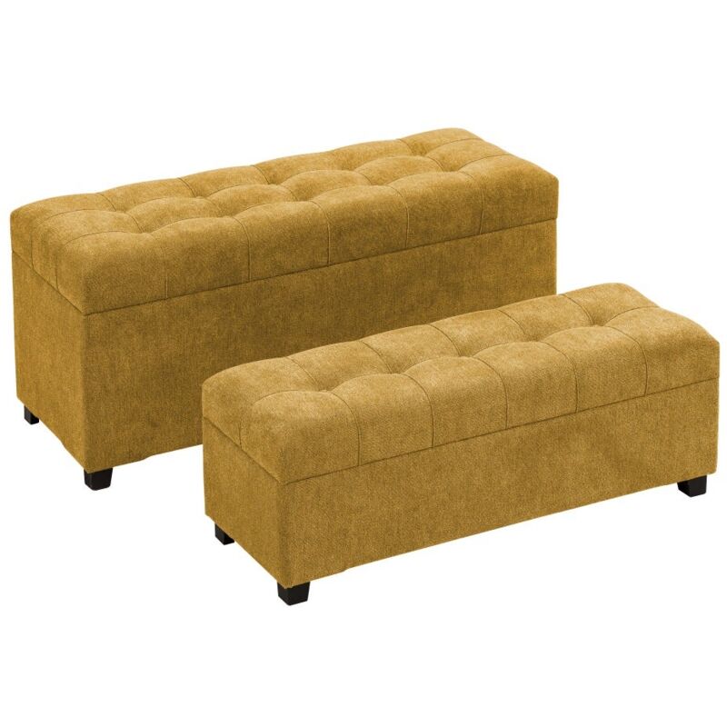 

Set de 2 puffs arcón capitoné mostaza de terciopelo y madera