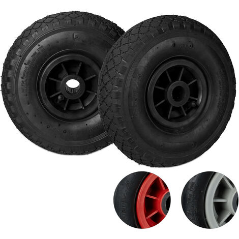 Set de 2 ruedas de carretilla, 3.00-4, Neumático de goma, Llanta de plástico, Eje de 25 mm, 260x85 mm, Negro