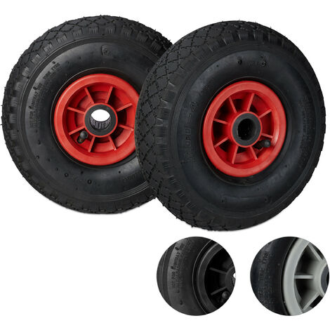 Set de 2 ruedas de carretilla, 3.00-4, Neumático de goma, Llanta de plástico, Eje de 25 mm, 260x85 mm, Negro y Rojo
