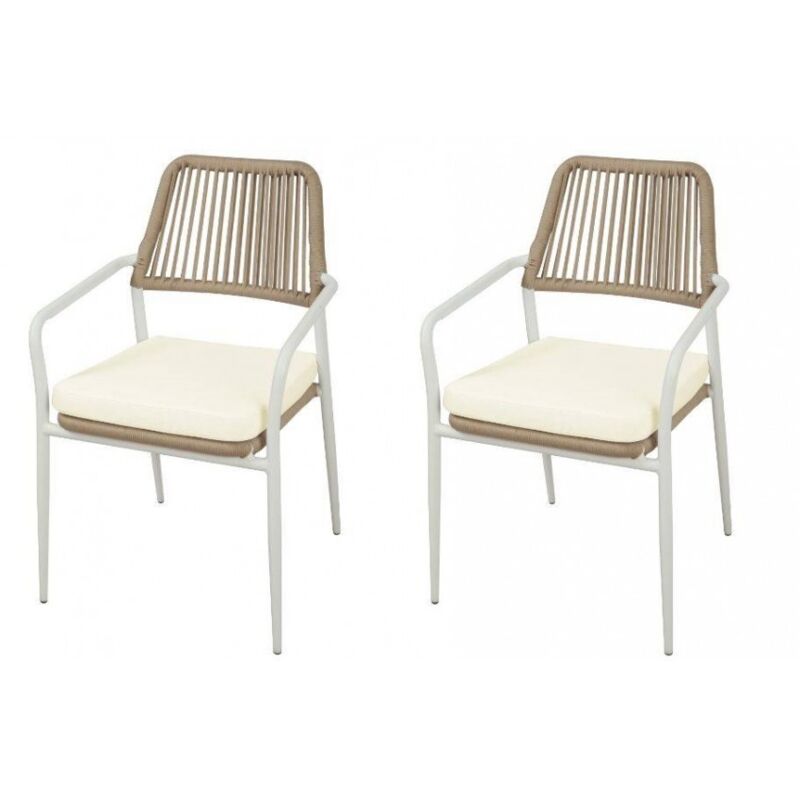 

Set de 2 sillas apilables de aluminio blanco con reposabrazos | Beige