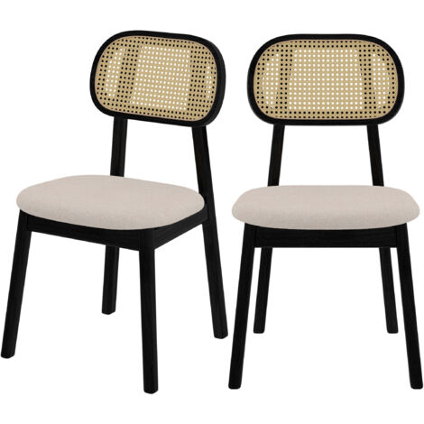 Set de 2 sillas en madera negra, tela beige y ratán - Maria