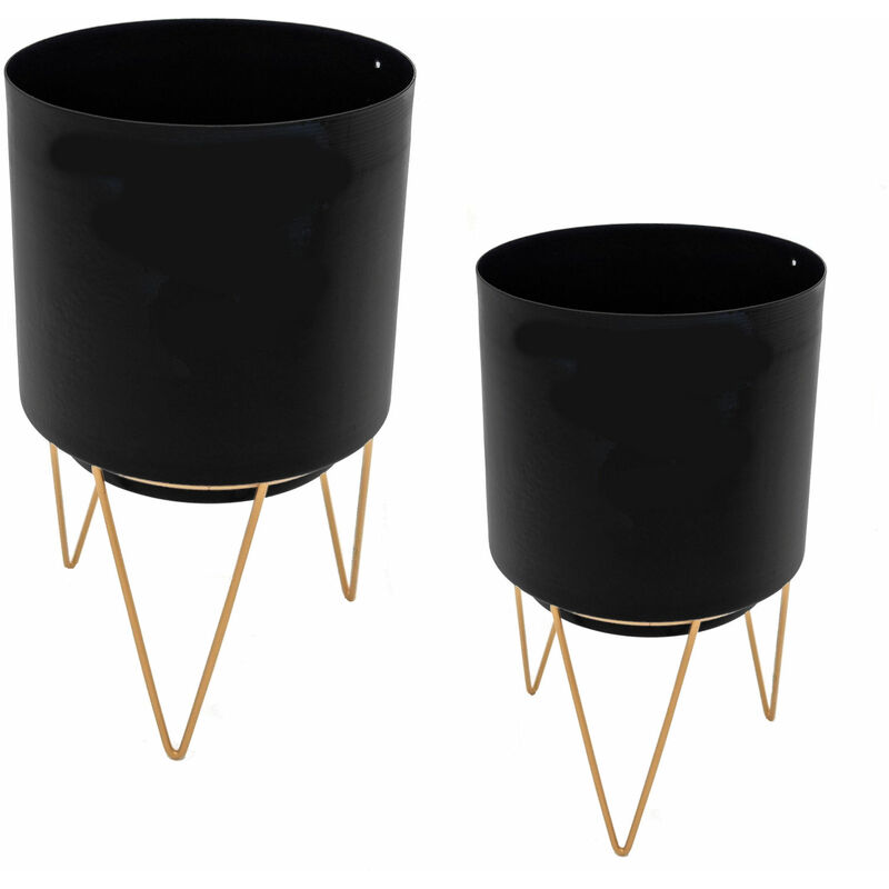 Spetebo - Set de 2 supports pour plantes - pot noir sur support doré - 23 / 18 cm