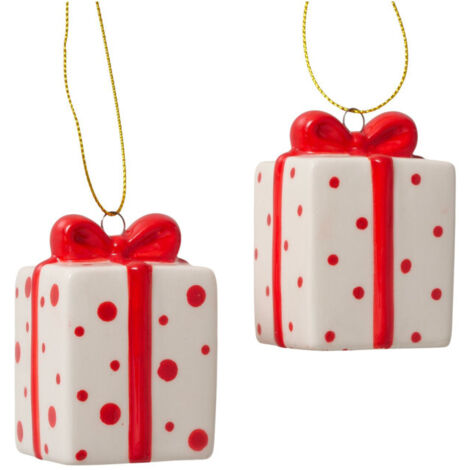 Set de 2 suspensions de Noël cadeaux rouge et blanc céramique 4.5x4.5x6.5cm