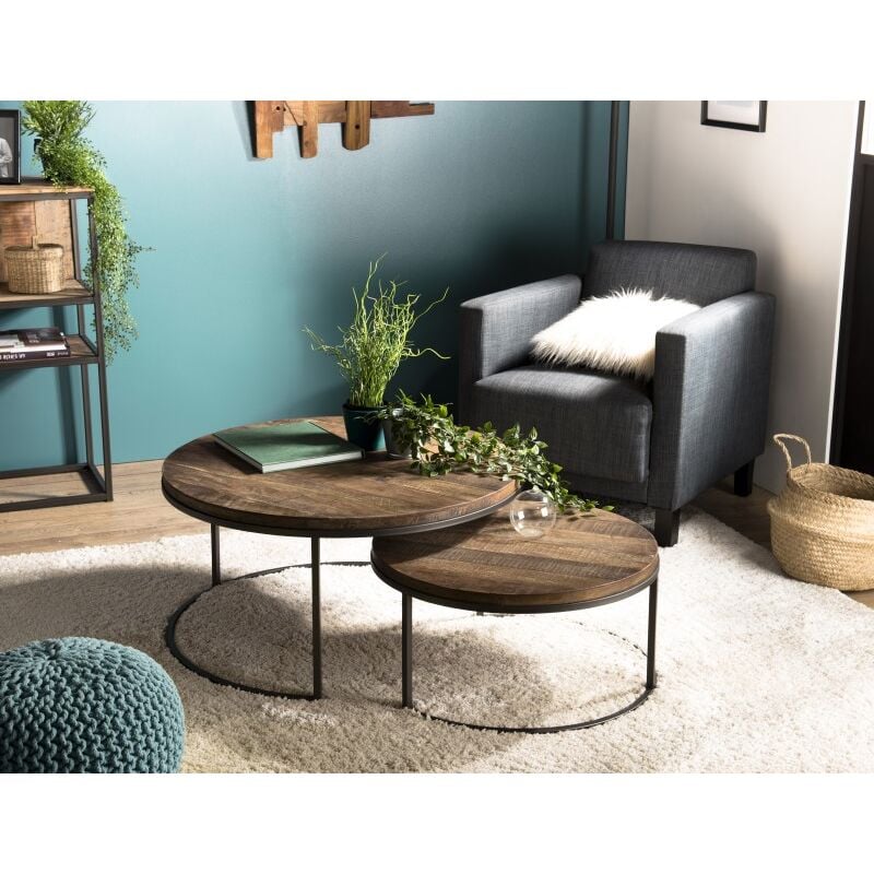 Macabane - alida - Set de 2 tables basses gigognes rondes Teck recyclé Acacia Mahogany recyclé pieds métal noir