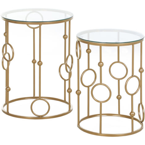 Set de 2 tables basses élégantes métal et verre trempé, motifs cercles, dimensions Φ57x41 cm & Φ51x36 cm, finition or
